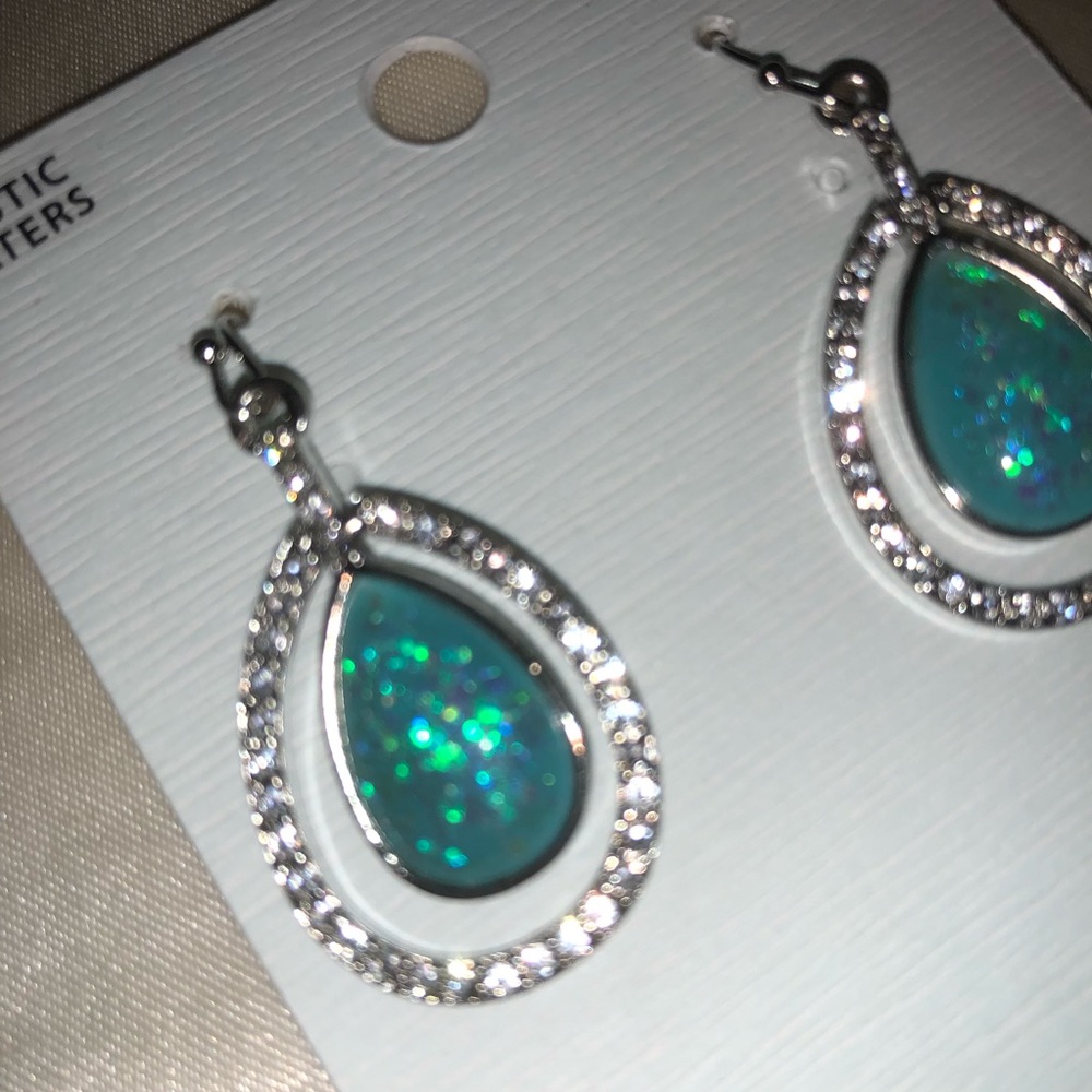 teal silver rhinestone dangle earrings